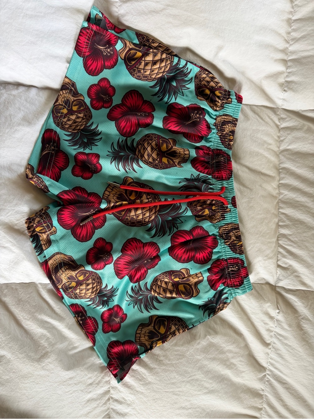Women's Tropical Pineapple Print Athletic Shorts - Aqua & Red